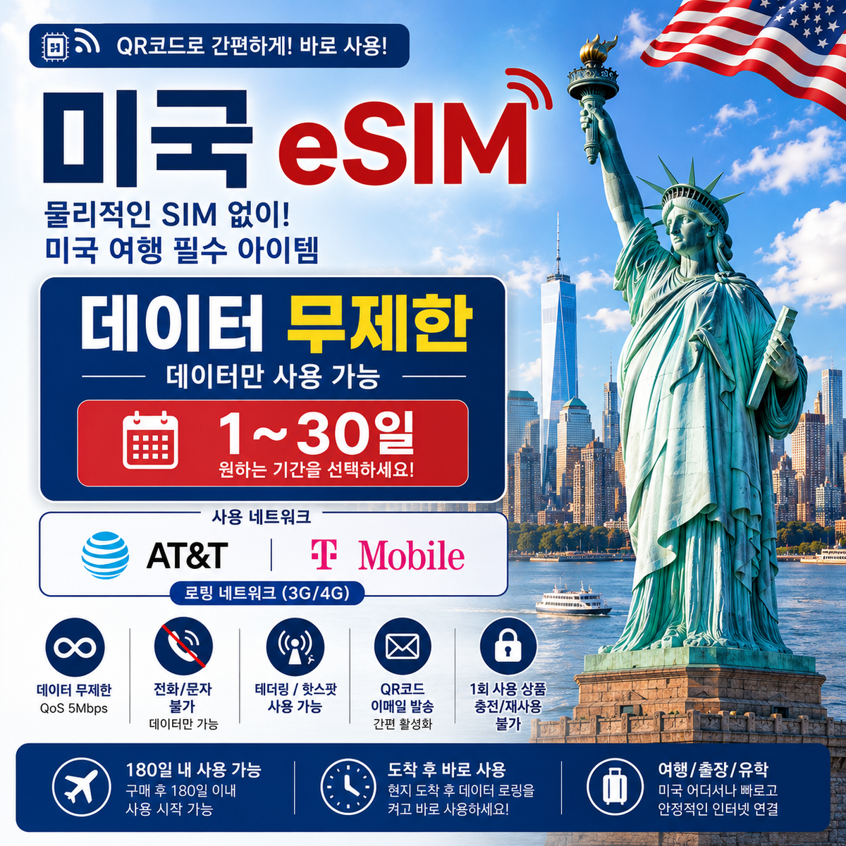 미국 eSIM | 무제한 데이터 | 데이터 전용 | AT&T 및 T-Mobile | 3G/4G