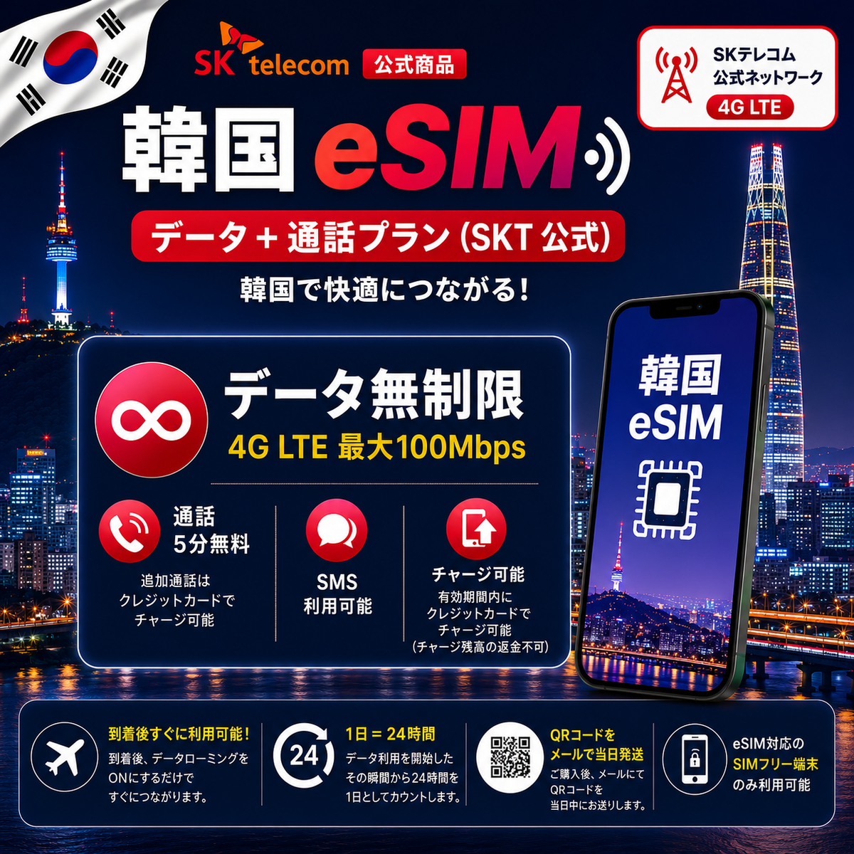 공식 SKT 코리아 eSIM / 공항 수령 SIM | 4G 데이터 무제한 | 한국 전화번호 + 5분 통화*