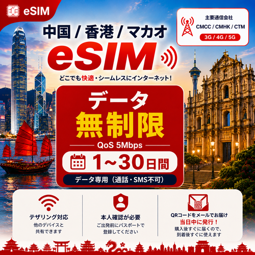 중국/홍콩/마카오 eSIM | 무제한 데이터 | 데이터 전용 | CMCC & CMHK & CTM | 3G/4G/5G
