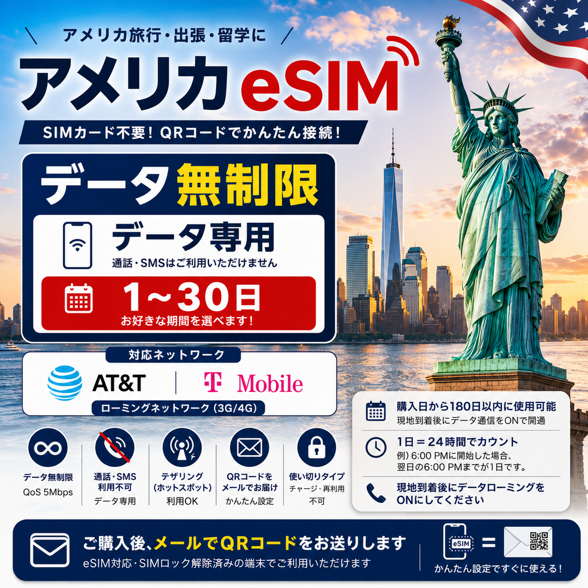 미국 eSIM | 무제한 데이터 | 데이터 전용 | AT&T 및 T-Mobile | 3G/4G